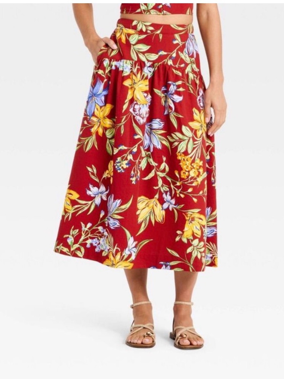 a new day Red Floral Midi Skirt with Yellow & Blue Blooms